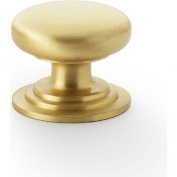 Waltz Round Cupboard Knob on Stepped Rose 32mm in Satin Brass - by Alexander & Wilks - AW825-32-SB