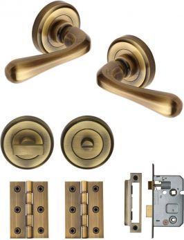 Charlbury Round Rose Lever Handle Bathroom Door Lock Pack Antique Brass