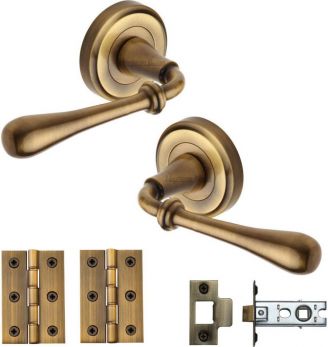 BX-V7155-AT Roma Door Lever Handle Round Rose Latch Pack Antique Brass