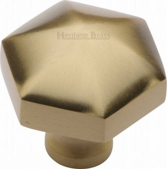 Heritage Brass Cabinet Knob Hexagon Design 32mm Satin Brass finish