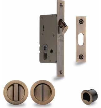 M.Marcus RD2308-50-AT Sliding Door Lock Set with Round Flush Privacy Turns 50mm Backset Antique Brass