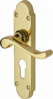 Heritage Brass Door Handle for Euro Profile Plate Savoy Design Polished Brass finish