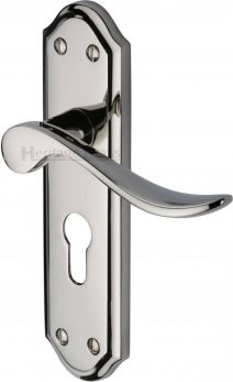 Sandown Range Polished Nickel Lever Door Handle on backplate - Keyhole (Euro) - by Heritage Brass | SAN1448-PNF