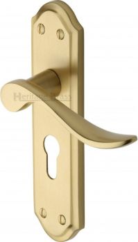 Heritage Brass Door Handle for Euro Profile Plate Sandown Design Satin Brass finish