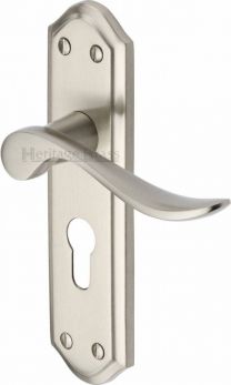 Sandown Range Satin Nickel Lever Door Handle on backplate - Keyhole (Euro) - by Heritage Brass | SAN1448-SN