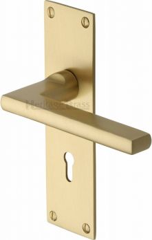 Heritage Brass Door Handle Lever Lock Trident Design Satin Brass Finish