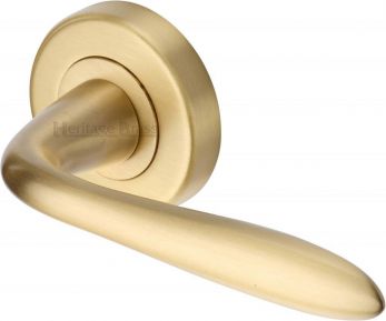 Heritage Brass Door Handle Lever Latch on Round Rose Sutton Design Satin Brass finish