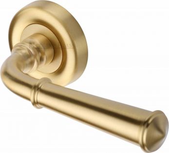 Heritage Brass Door Handle Lever Latch on Round Rose Colonial Design Satin Brass finish