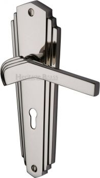 Waldorf Range Polished Nickel Lever Door Handle on backplate - Keyhole (Standard) - by Heritage Brass | WAL6500-PNF