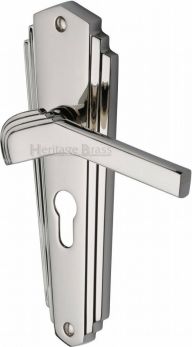 Waldorf Range Polished Nickel Lever Door Handle on backplate - Keyhole (Euro) - by Heritage Brass | WAL6548-PNF