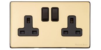 Heritage Polished Brass Double Switched Socket (13 Amp) Vintage Screwless Plate