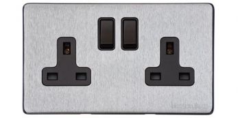 Heritage Satin Chrome Double Switched Socket (13 Amp) Vintage Screwless Plate