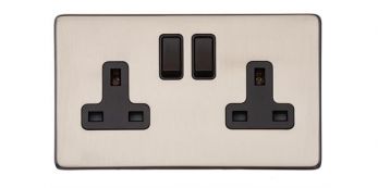 Heritage Satin Nickel Double Switched Socket (13 Amp) Vintage Screwless Plate