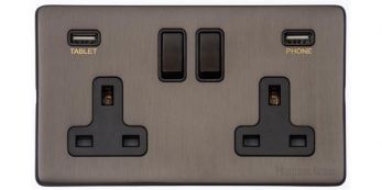 X09.750.BK-USB Vintage Matt Bronze Double 13-AMP Socket & USB Screwless