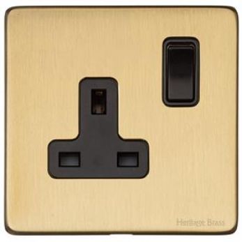 Heritage Satin Brass Single Switched Socket (13 Amp) Vintage Screwless Plate