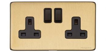 Heritage Satin Brass Double Switched Socket (13 Amp) Vintage Screwless Plate