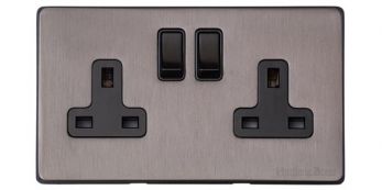 Heritage Satin Black Nickel Double Switched Socket (13 Amp) Vintage Screwless Plate