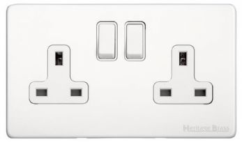 Heritage Matt White Double Switched Socket (13 Amp) Vintage Screwless Plate