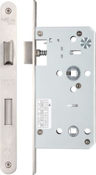 Zoo ZDL7855RSS Din Bathroom Lock - 78mm c/c Backset 55mm Radius Satin