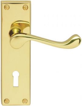 Victorian Scroll DL54 polished brass lock door handles 57mm c/c