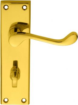 Victorian Scroll DL54WC polished brass bathroom door handles 57mm c/c