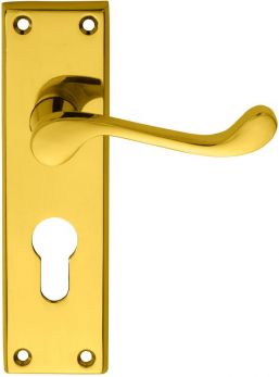Victorian Scroll DL54Y polished brass euro lock door handles 48mm c/c