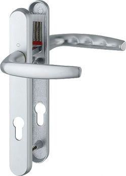 Atlanta Range Satin Silver Lever Door Handle on backplate - Keyhole (Euro) - by Hoppe | HOP92LLS