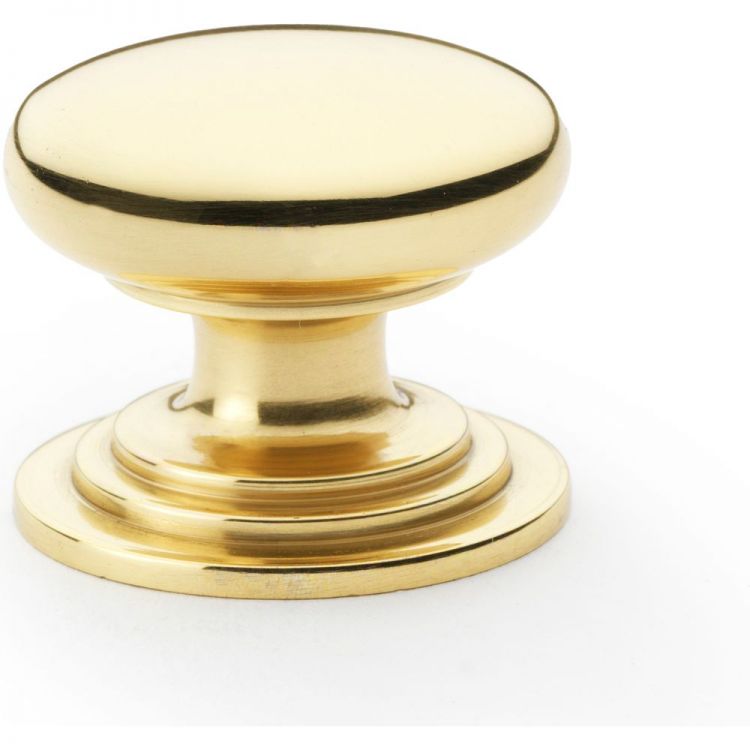 Waltz Round Kitchen Cupboard Knob on Stepped Rose 32mm in Polished Brass Lacquered - by Alexander & Wilks - AW825-32-PBL