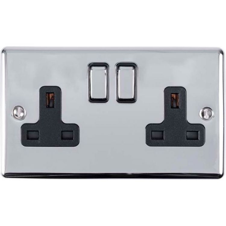 Eurolite 2 Gang 13Amp DP Switched Socket Polished Chrome Enhance Range Black Trim - EN2SOPCB