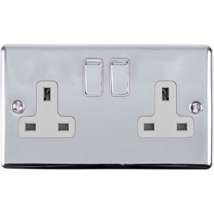 Eurolite 2 Gang 13Amp DP Switched Socket Polished Chrome Enhance Range White Trim - EN2SOPCW