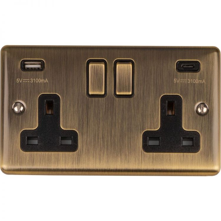 Eurolite 2 Gang 13Amp Switched Socket W/ 3.1Amp Usb Outlets (1Xtypea 1Xtypec) Antique Enhance Range Black Trim - EN2USBCABB
