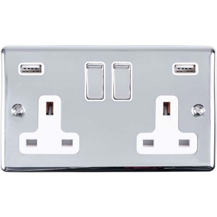 Eurolite 2 Gang 13Amp Switched Socket With Comb 3.1 Amp Usb Outlets Polished Chrome Enhance Range White Trim - EN2USBPCW