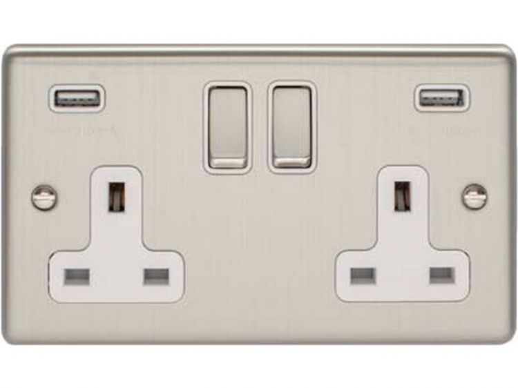 Eurolite 2 Gang 13Amp Switched Socket With Comb 3.1 Amp Usb Outlets Satin Enhance Range White Trim - EN2USBSSW