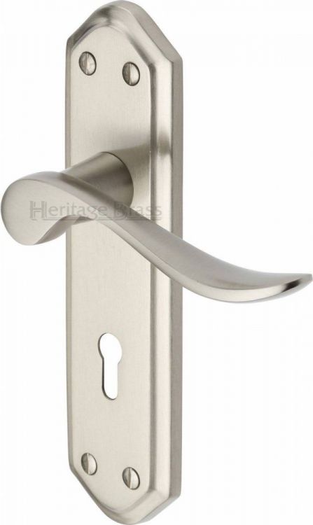 Sandown Range Satin Nickel Lever Door Handle on backplate - Keyhole (Standard) - by Heritage Brass | SAN1400-SN