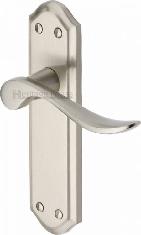 Sandown Range Satin Nickel Lever Door Handle on backplate (Latch Plate) - by Heritage Brass | SAN1410-SN