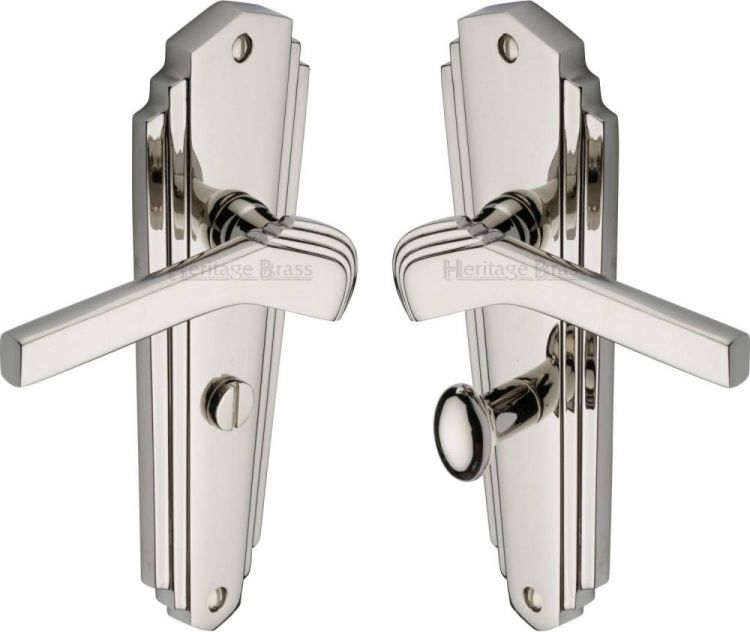 Waldorf Range Polished Nickel Lever Door Handle on backplate (Bathroom) - by Heritage Brass | WAL6530-PNF