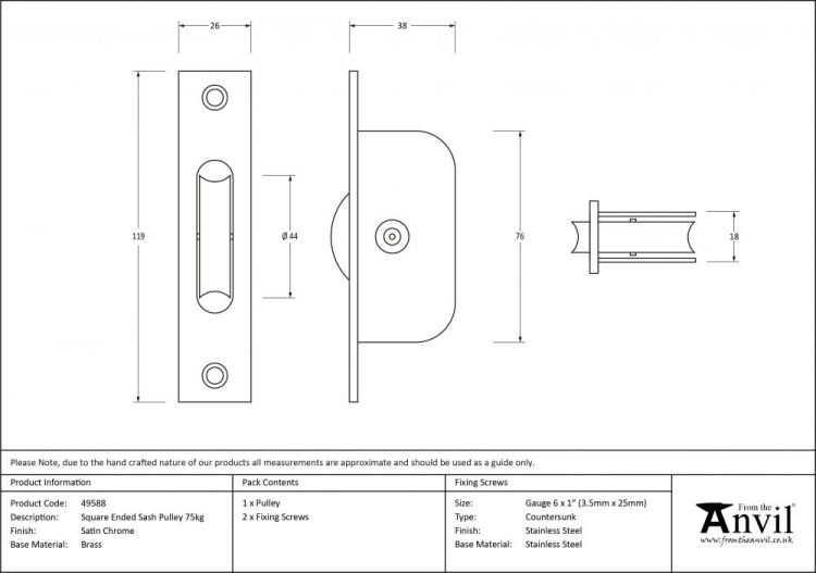 Satin Chrome Square Ended Sash Pulley 75kg