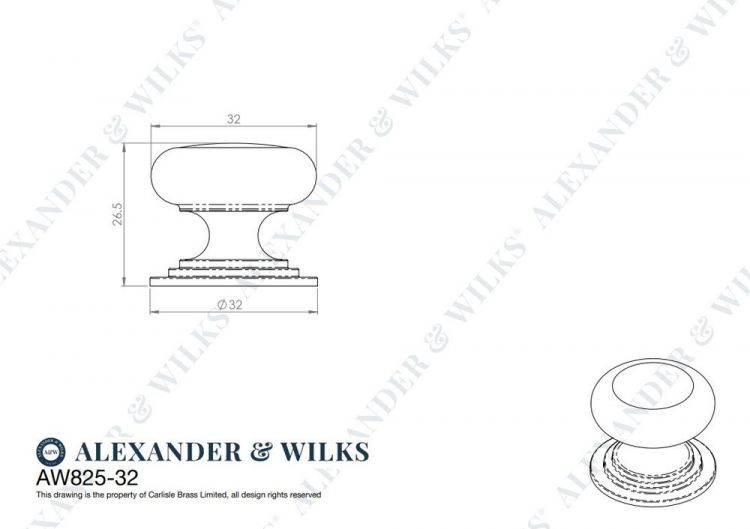 Waltz Round Kitchen Cupboard Knob on Stepped Rose 32mm in Polished Brass Lacquered - by Alexander & Wilks - AW825-32-PBL