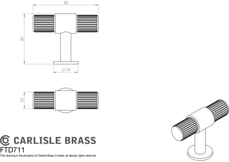 50mm T-Bar Cabinet Knob in Antique Brass - Lines Range by Fingertip Design | FTD711AB