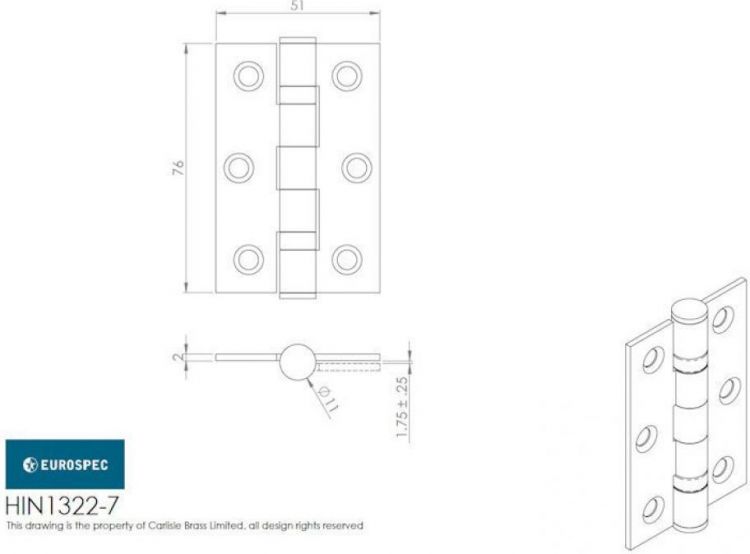 Ball Bearing Door Hinge in Polished Stainless Steel, Fire Rated (76mm x 51mm / 3" x 2") | HIN1322/7-BSS