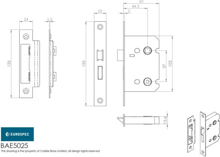 Eurospec Easi-T BAE5025SN Bathroom Mortice Lock 65mm (44.5mm backset) Satin Nickel