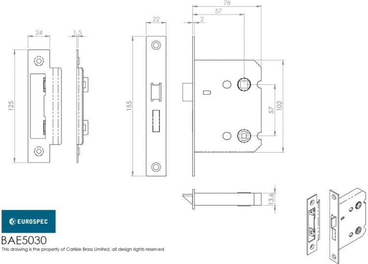Eurospec Easi-T BAE5030SN Bathroom Mortice Lock 76mm (57mm backset) Satin Nickel