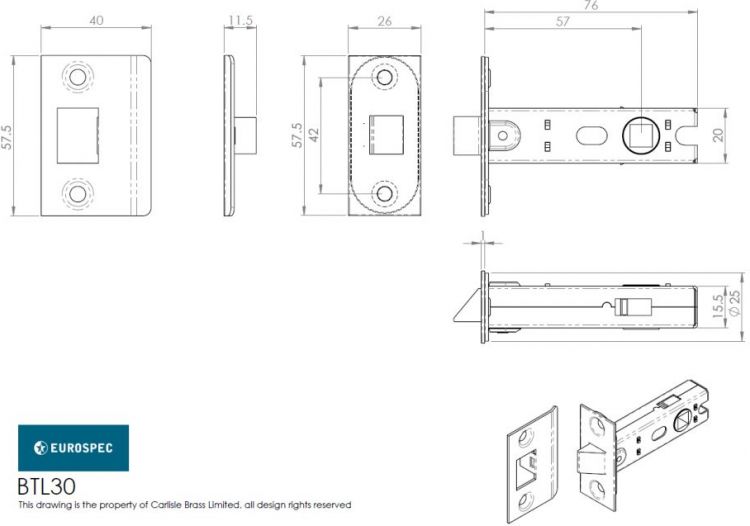 Eurospec BTL30SB Mortice Tubular Latch Bolt-Through 76mm Satin Brass