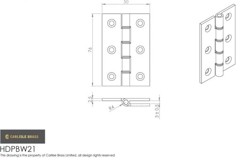 Butt Door Hinge in Satin Nickel, (76mm x 50mm / 3" x 2") | HDPBW21SN