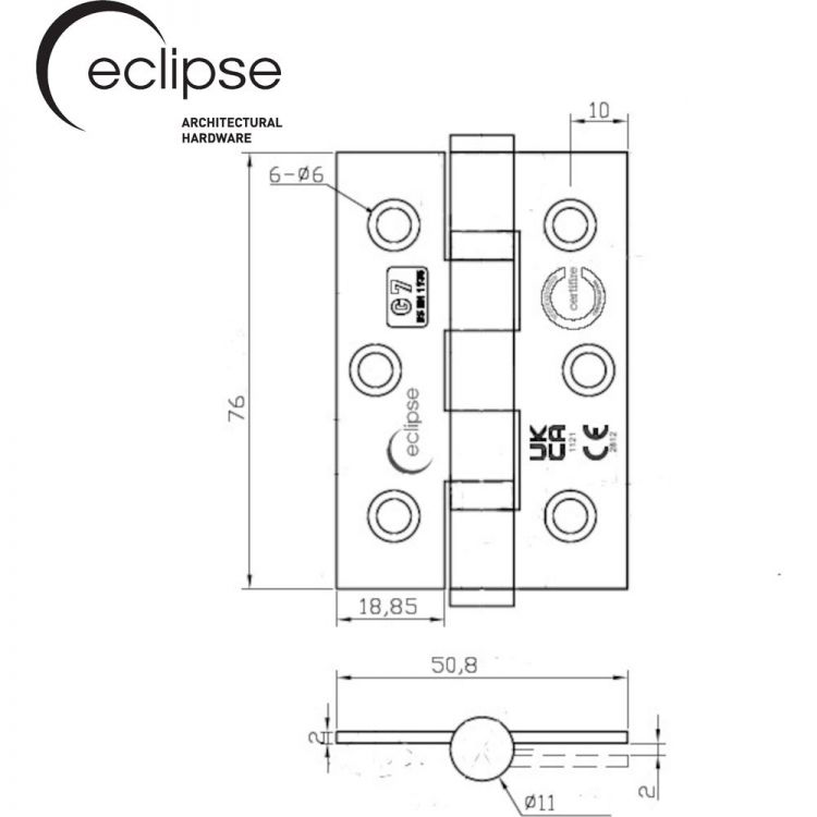Ball Bearing Door Hinge in Polished Stainless Steel, Fire Rated (76mm x 51mm / 3" x 2") | 14851