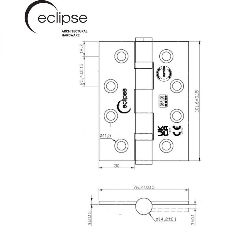 Ball Bearing Door Hinge in Satin Stainless Steel, Fire Rated (102mm x 76mm / 4" x 3") | 14854