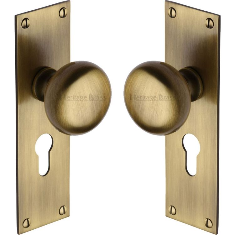 Heritage Brass Mortice Knob on Euro Lock Profile Plate Balmoral Design Antique Brass finish | BAL8548-AT