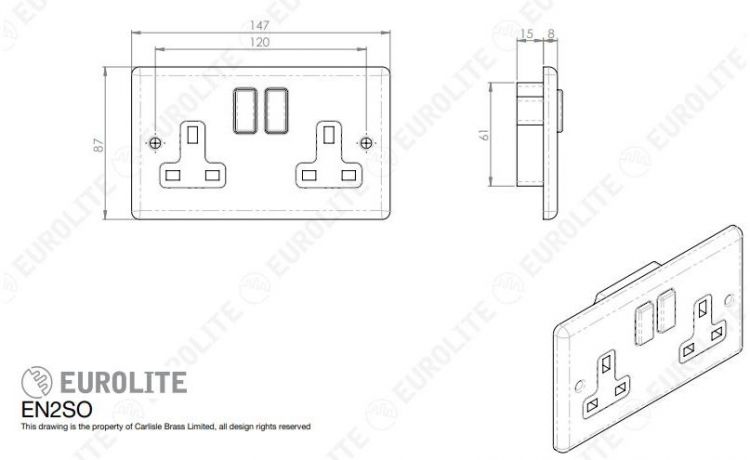 Eurolite 2 Gang 13Amp DP Switched Socket Polished Chrome Enhance Range Black Trim - EN2SOPCB