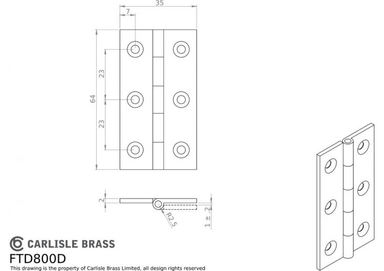 Butt Hinge 64 x 35mm Polished Chrome Solid Brass