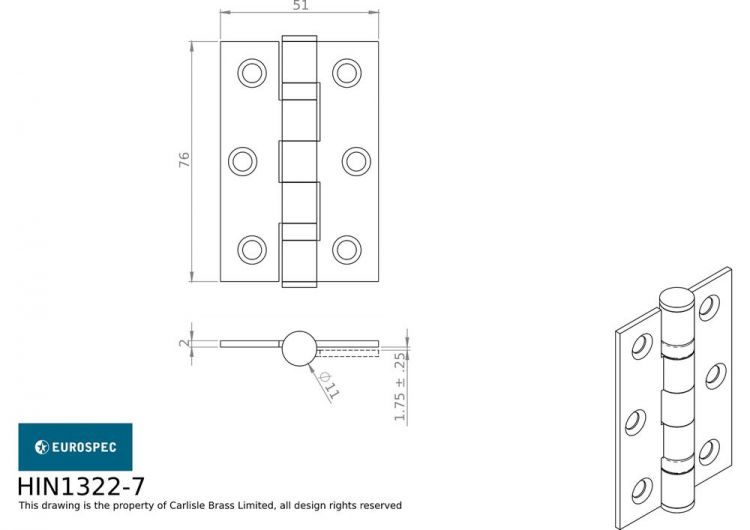 Ball Bearing Door Hinge in Antique Brass, Grade 7 Fire Rated (76mm x 51mm / 3" x 2") | HIN1322/7AB